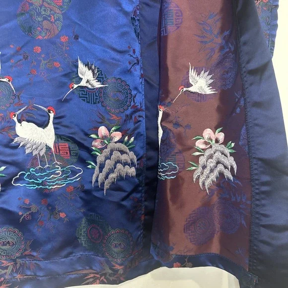 Vintage Silk Blend Chinese Hand Embroidered Kimono Robe Flower Birds Crane Stork - Picture 6 of 9